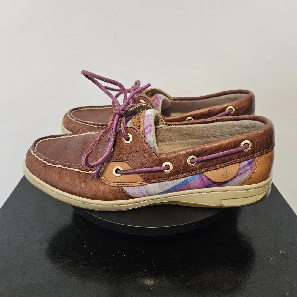 Sperry Top-Sider Brown/Pink Plaid Bluefish Leather Boat Shoe Womens - Size 8M